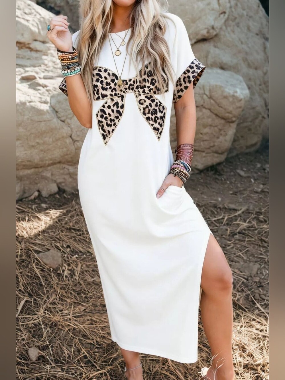 Charming Charlie | NWT Leopard Bow Midi Dress Large